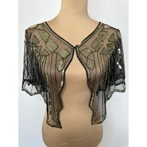 Vintage Style Capelet Gold Sequin Black Mesh Bolero Shrug Gatsby Wedding